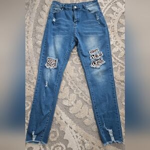 Leopard Print Ripped Stretchy Skinny Jeans, High Rise Denim Womens SZ L 8-10